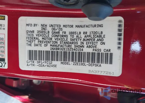 2005 Toyota Corolla S from USA, damaged, VIN 1NXBR32E15Z540154